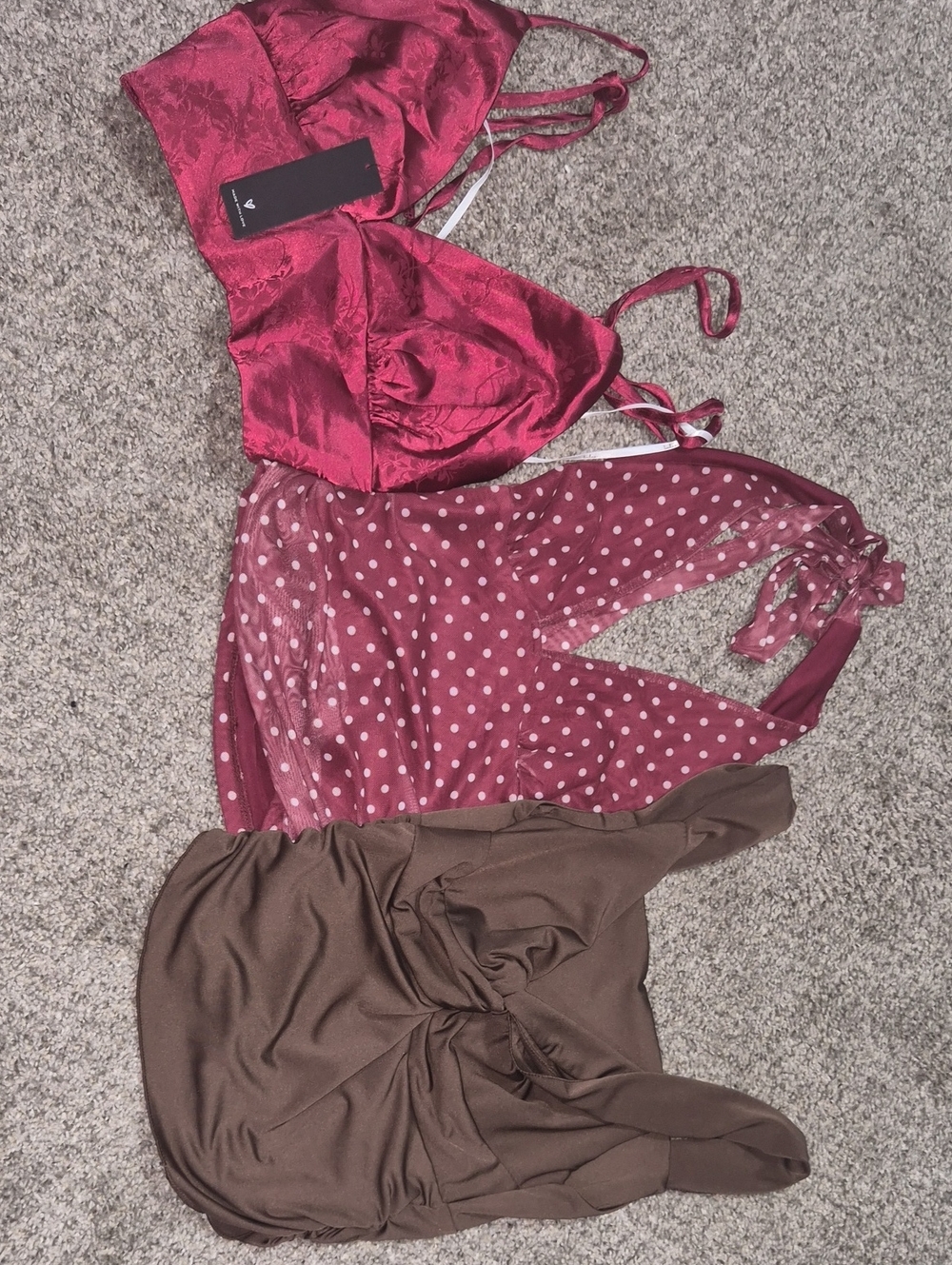 Wine Red Satin Camisole  with Adjustable Straps, Polka Dot Halter ,Brown Tank
